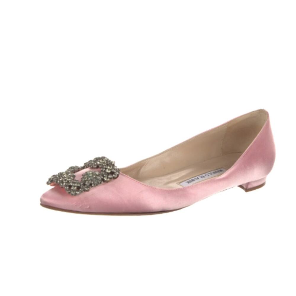 Manolo Blahnik Hangisi Pink Buckle Crystal Square Buckle Flats